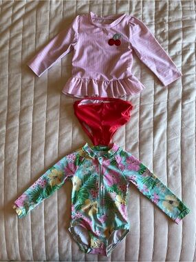 Bundle of 2 Swimsuits Floral and Pink White Stripe Rashguard |  Girls 18 Months